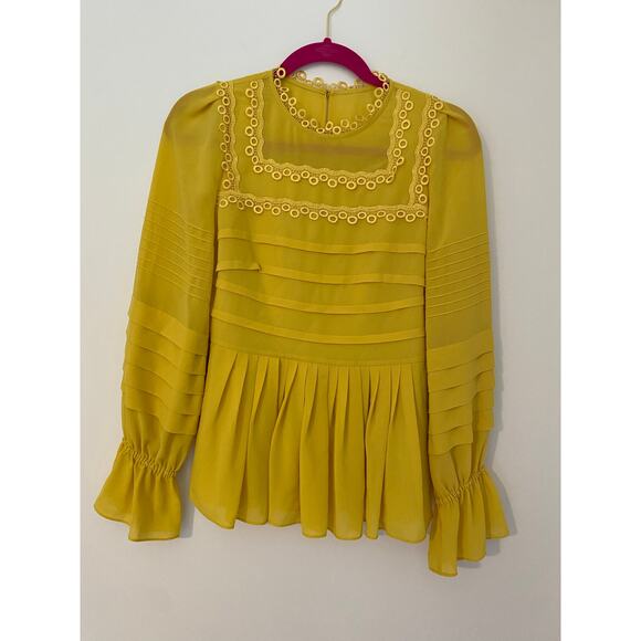 Ted Baker Roobee Lace Trimmed Pintucked Top Mid Mustard Yellow Peplum 1 EUC - Picture 1 of 10